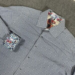Robert Graham Shirt Mens XL Blue Check Classic Fit Paisley Flip Cuff Long Sleeve